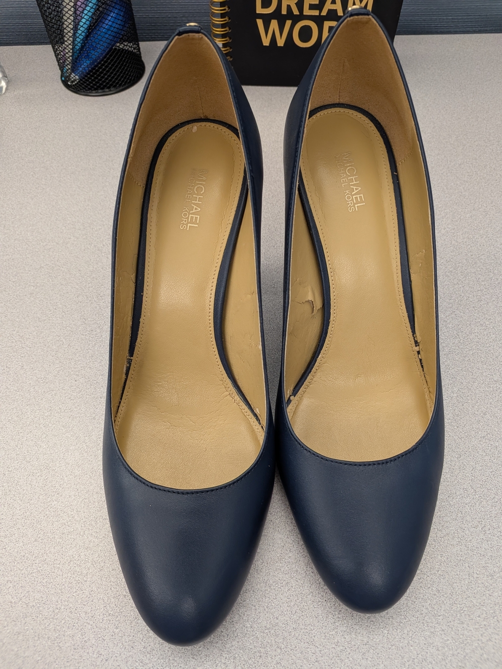 Michael Kors Navy Leather Block Heel Pumps - Picture 6 of 8